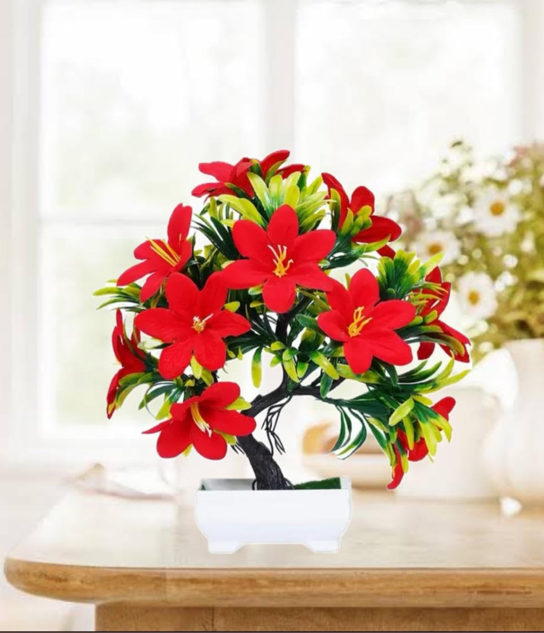 1 Pcs Artificial LilyTree with Tub Designer Pot | Realistic Looking -No Maintenance | Small Plants for Home Decor Living Room Table Decor and Balcony Decorations (Pack of 1, Red) 3
