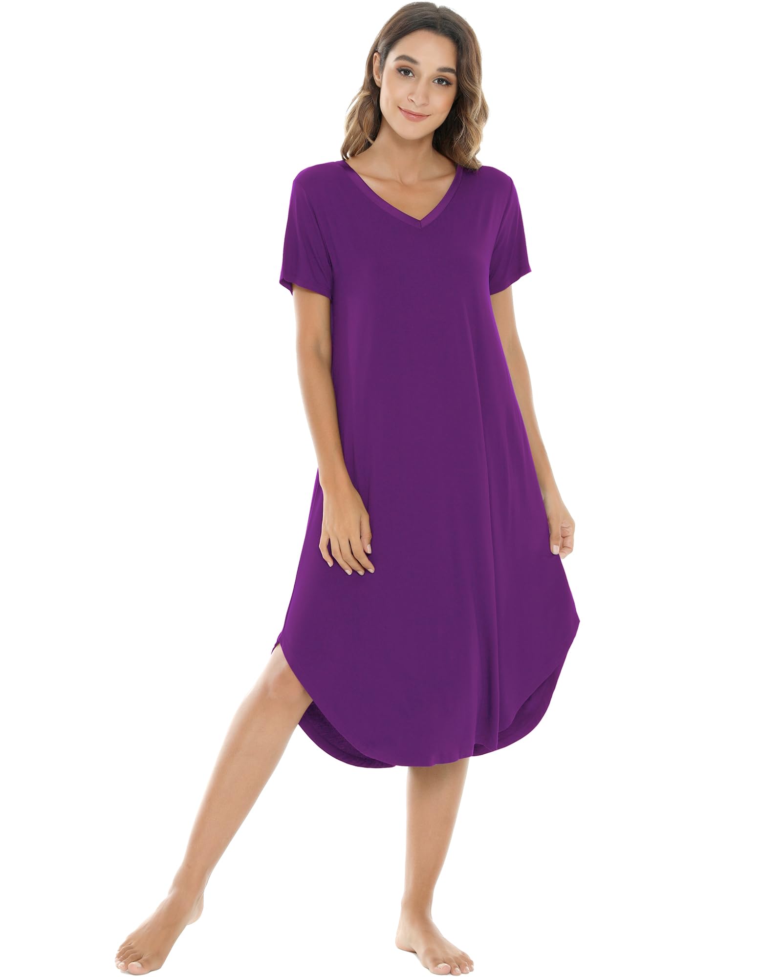 NACHILA Bamboo Viscose Nightgowns for Women Cooling Short Sleeve Sleepshirt | Soft V Neck Night Gowns, Moisture-Wicking Sleepwear for Hot Flashes &amp; Night Sweats, Ladies Nightshirts for Sleep, Home, Gift