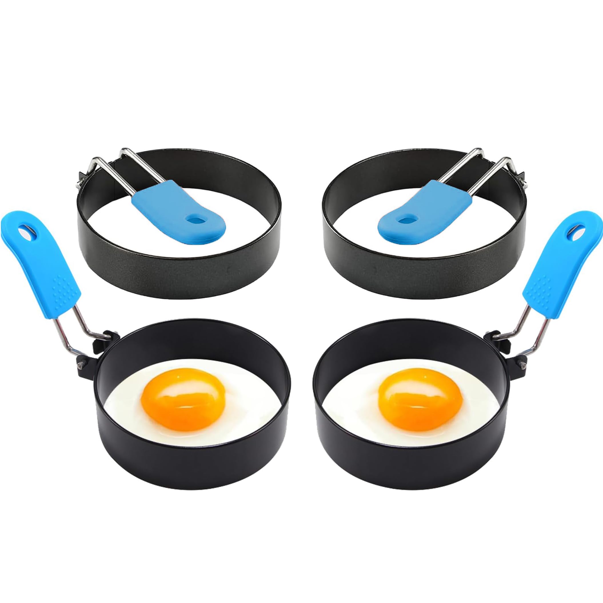 4 PCS Egg Rings for Frying, Stainless Steel Non Stick Egg Poacher with Anti-Scald Folding Handle, Fried Egg Rings for Household Kitchen Cooking Egg Frying Breakfast Mini Burger