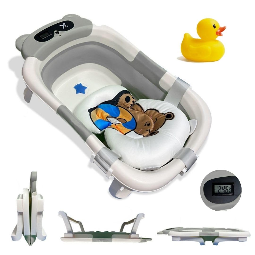 BAÑERA PLEGABLE BEBÉ 5 EN 1 Termómetro + Cojín Protector + Patas Antideslizantes + Tapón de Seguridad | Bebé Recién Nacido | Diseño Plegable en 2 | Fácil de Guardar y Transportar (Azul) — view 16
