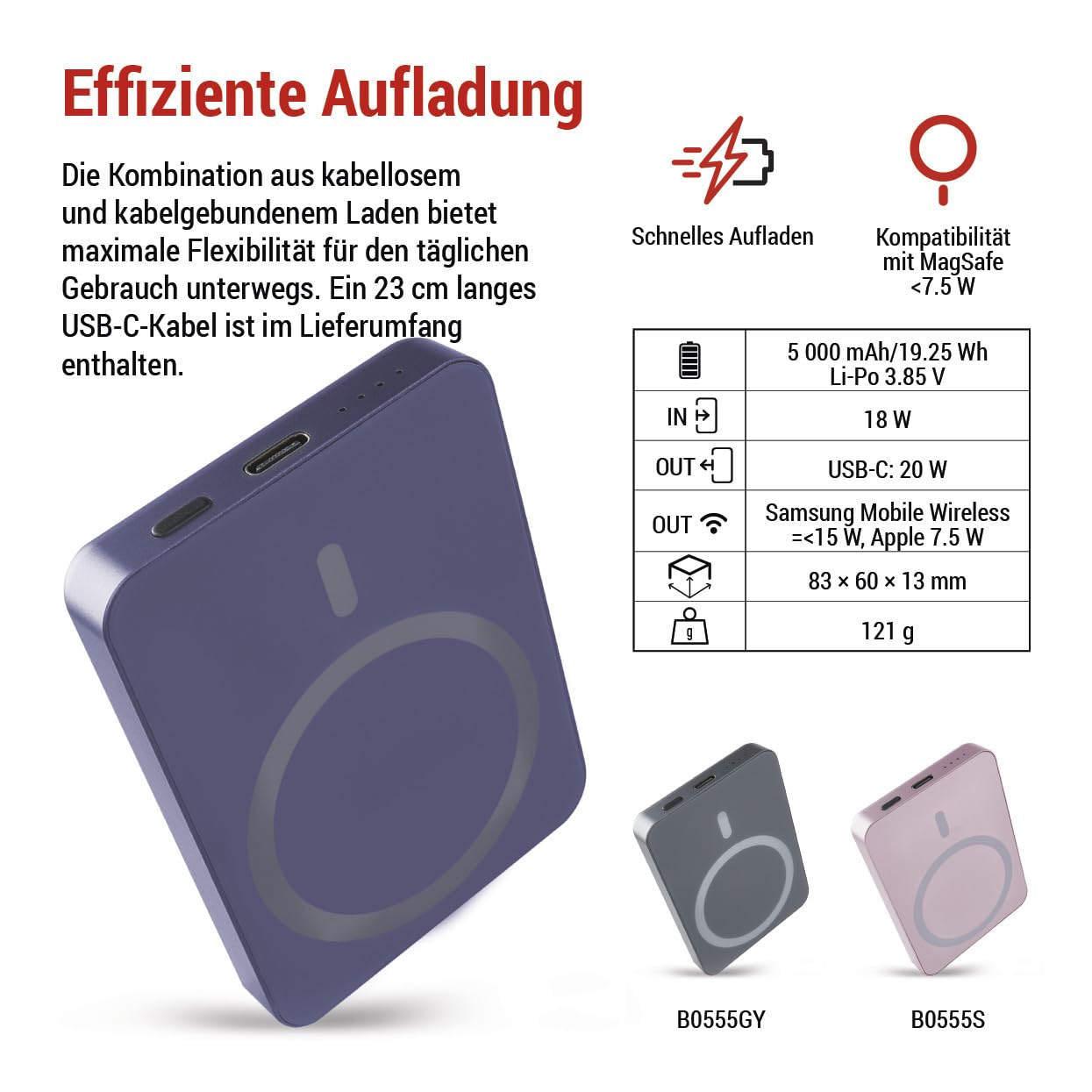 EMOS - Powerbank 5.000 mAh WI 522 con imán - Batería externa magnética con paso y carga inalámbrica - Salida USB-C incl. cable de datos USB - para iPhone, iPad, relojes inteligentes - azul