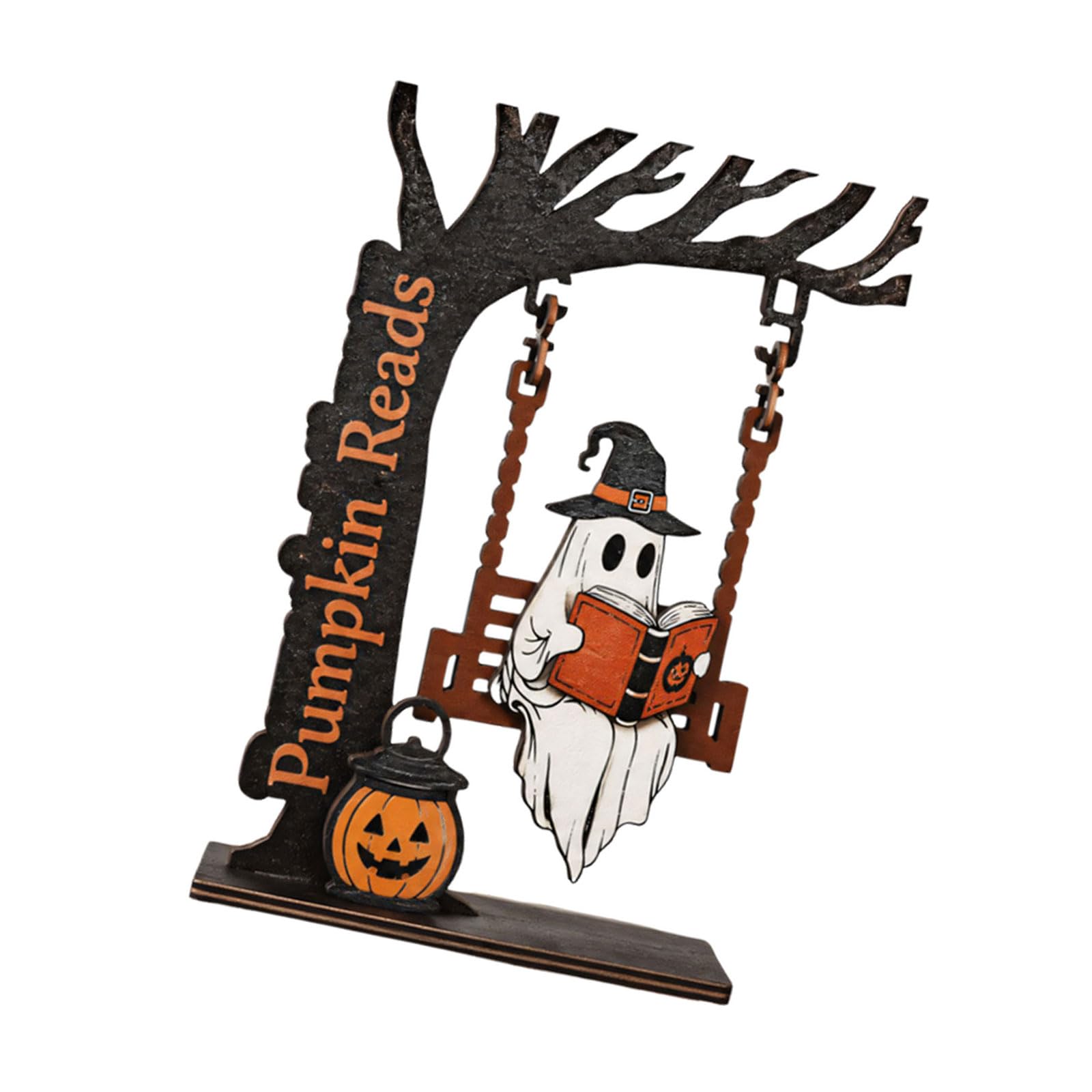 Fall Table Decor Reading Accent, Wooden Swing Ornament for Bookshelf Mantel Halloween Seasonal Home Display Indoors Wooden Halloween Decor Reading Figure Bookshelf Ornament Tabletop Accent Fall Mantel