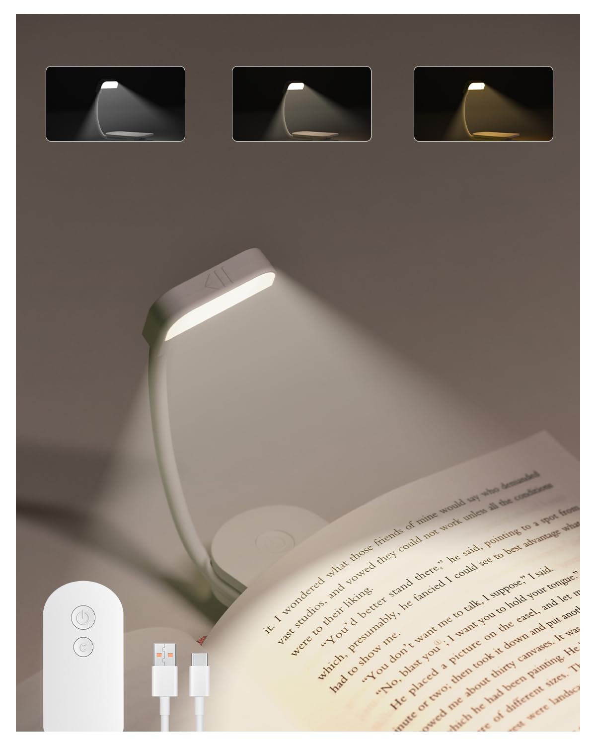 AdalyRoma Weiß Leselampe Buchklemme, USB aufladbar, 9 LEDs, 3 Farbtemperatur Modi, leicht & tragbar, dimmbar, Klemmleuchte, lange Akkulaufzeit, 360° drehbar für Nachtlesen ins Bett