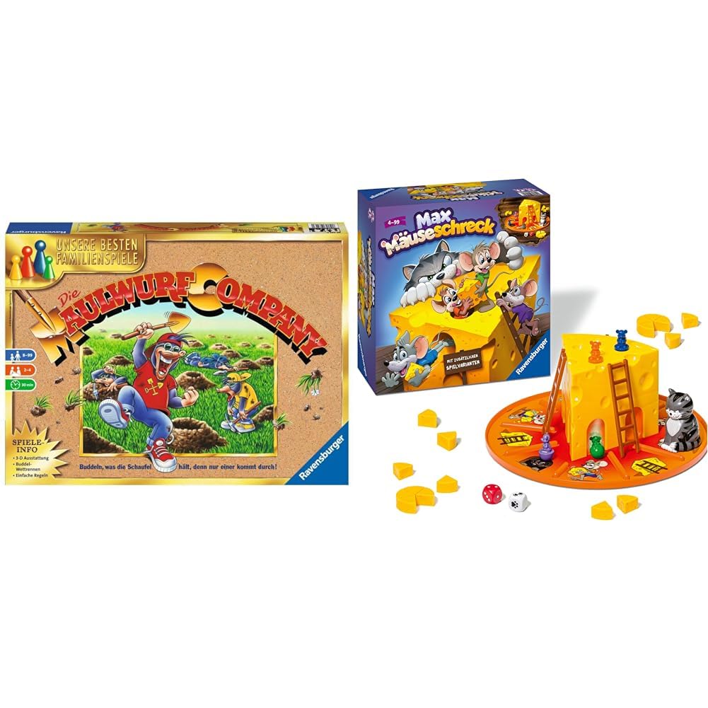 Ravensburger 26423 - Die Maulwurf Company & Kinderspiele 24562 - Max Mäuseschreck - Würfelspiel für 2 bis 4 Spieler, Kinderspiel ab 4 Jahren