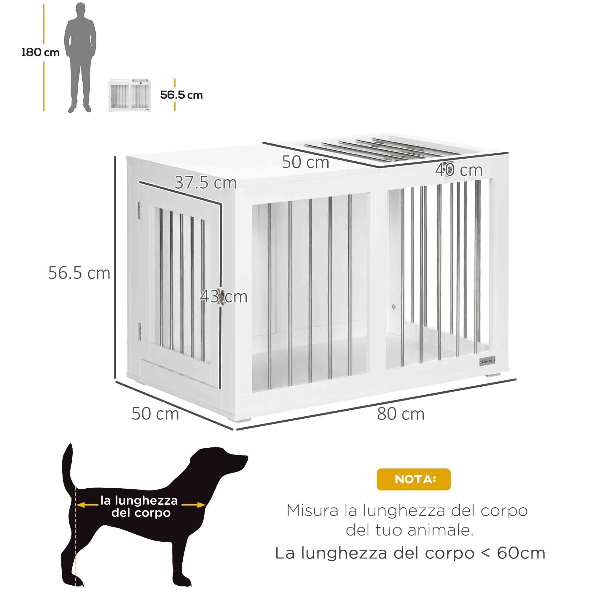 PawHut Cage pour chiens avec 2 portes verrouillables, maison pour chien, taille moyenne, pour intérieur, acier et MDF, 80 x 50 x 56,5 cm, blanc