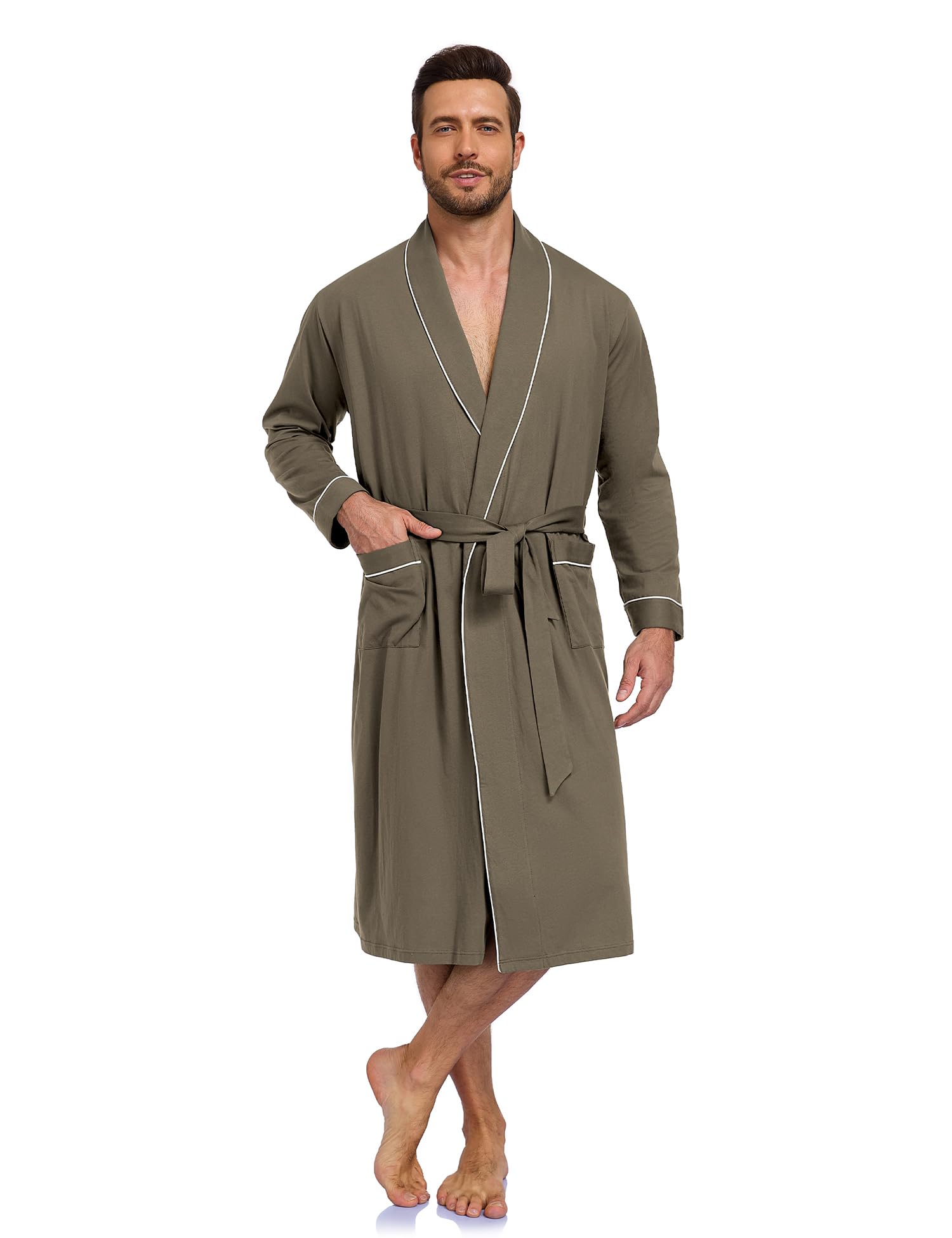 COLORFULLEAF Men's 100% Cotton Summer Robe Lightweight Long Bathrobe Breathable Knit Sleepwear Spa Robe with Pockets