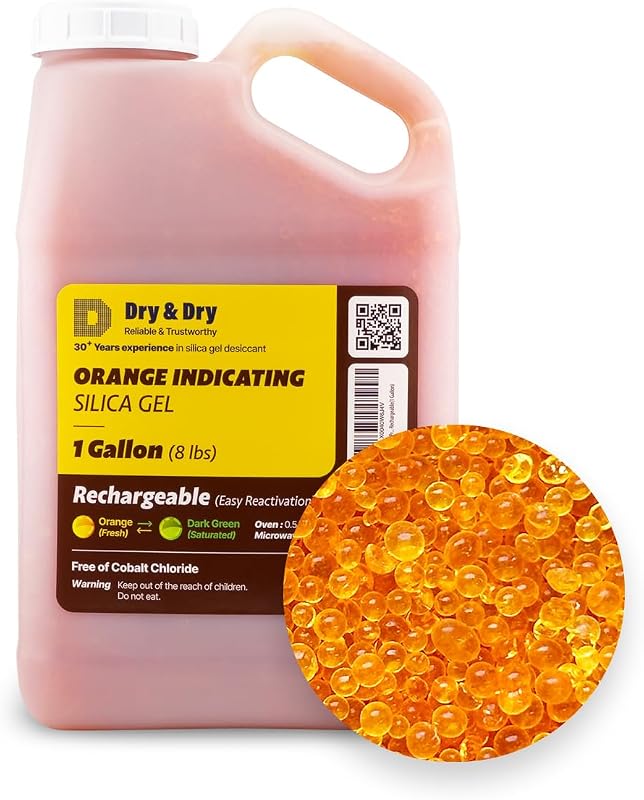 "Dry & Dry" [8 LBS] Perlas desecantes de gel de sílice indicadoras de color naranja premium (estándar de la industria 3-5 mm) - Recargables (1 galón)