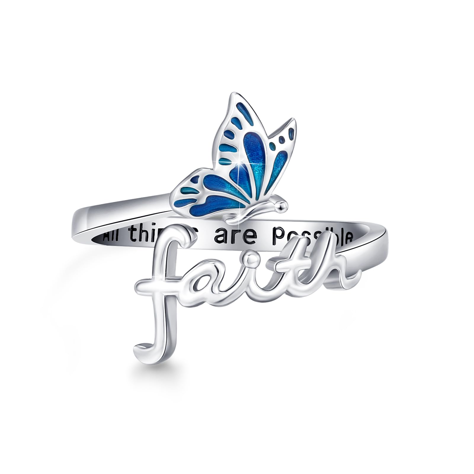 MOPOPOK Butterfly Ring Faith Ring for Women925 Sterling Silver Butterfly Open Rings Adjustable Christian Inspirational Jewelry Gifts for Birthday