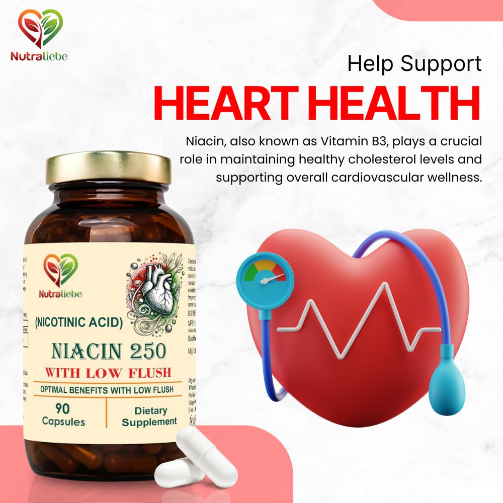 NutraLiebe Niacin Nicotinic Acid - Moderate Dose, Low Flush Formula, 90 Capsules for Cardiovascular and Energy Support 2