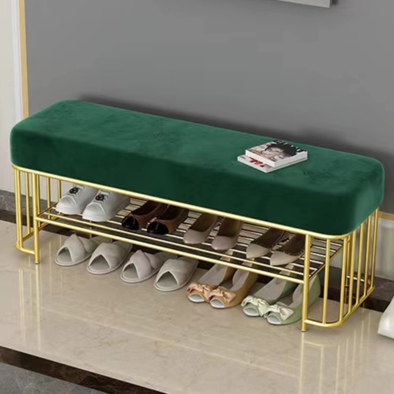 Banc de rangement pour chaussures en velours vert et métal 60cm