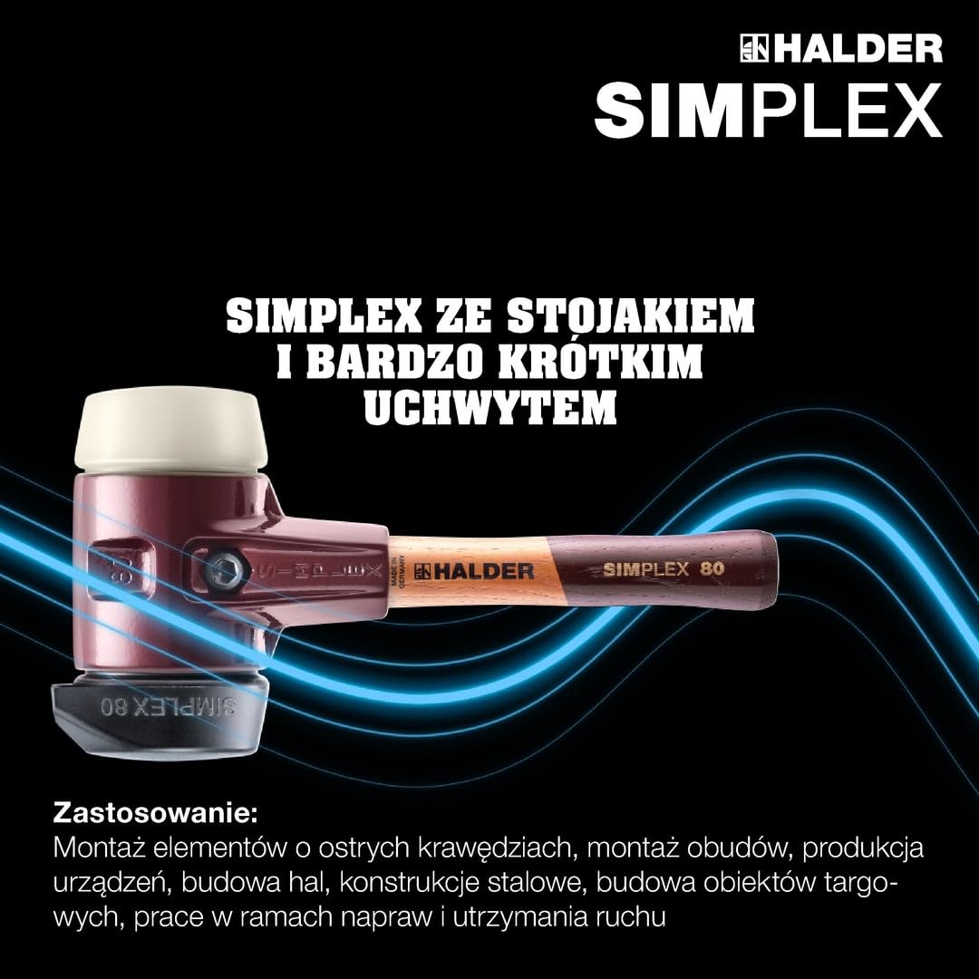 Młotek ochronny SIMPLEX, kompozycja gumowa, ze stojakiem / nylonem; obudowa z żeliwa ciągliwego i wysokiej jakości drewniany trzonek | śr. = 80 mm | 3028.282