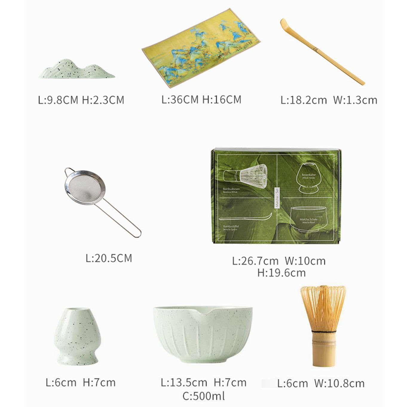 Set per cerimonia del tè giapponese, set da 7 pezzi, kit per frusta Matcha con frusta e ciotola, supporto per frusta, paletta in bambù, poggiapesta, setaccio e strofinaccio, bianco