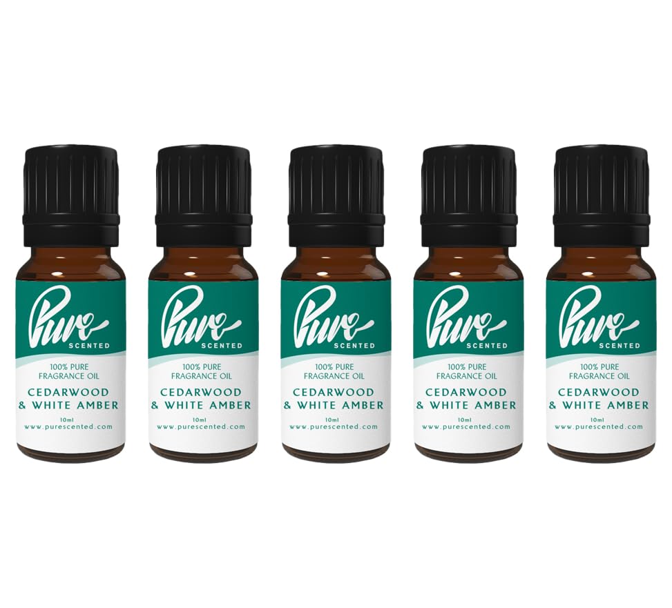 Pure Scented 50ml Fragrance Oils - 5 x 10ml Suitable for Candles, Soaps, Slime, Diffusers, Cosmetics, Wax Melts, Designer (5 x 10ml, Cedarwood & White Amber)