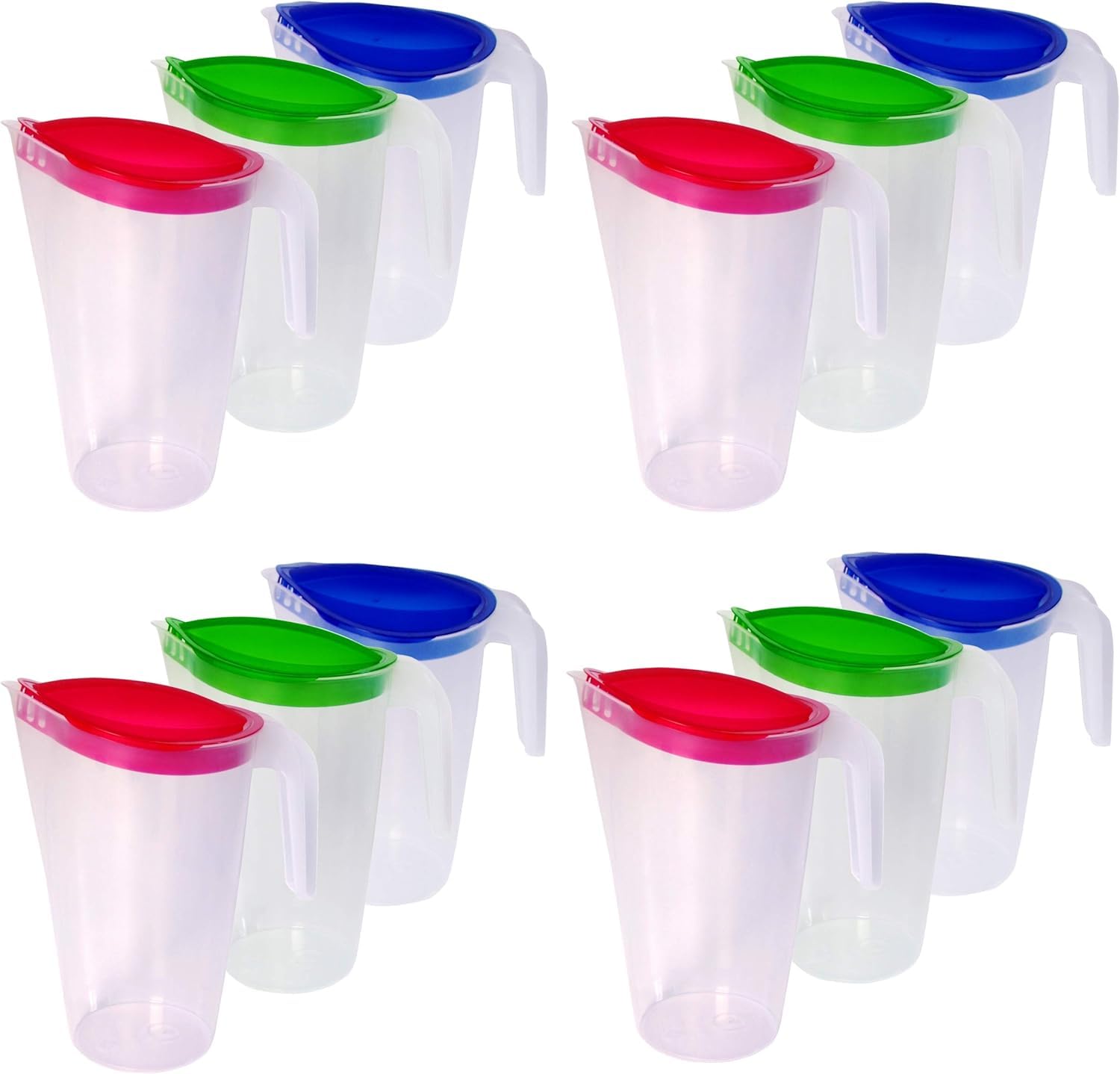 Home Line Lot de 12 pichets à jus de 1,7 l - Verseuse avec bec verseur extérieur anti-goutte - Carafe à eau pour réfrigérateur - Distributeur de jus (bleu, vert, rouge)
