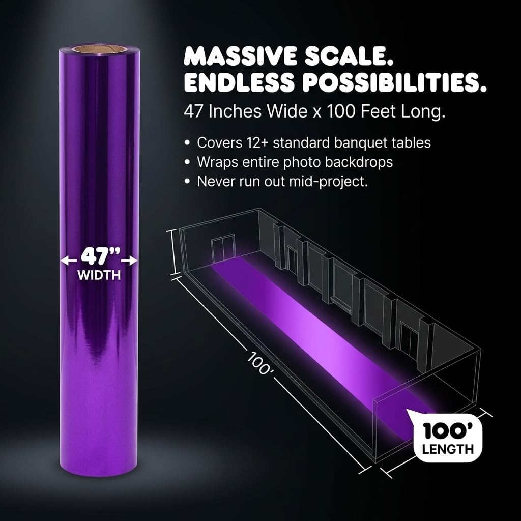 Anderson's Purple Shiny Metallic PVC Roll: 47" x 100' Flame-Resistant Event Decor for Weddings, Parties, Photo Booths, Gift Wrap, Table Covers, Backdrops, Crafts & Holiday Decorations