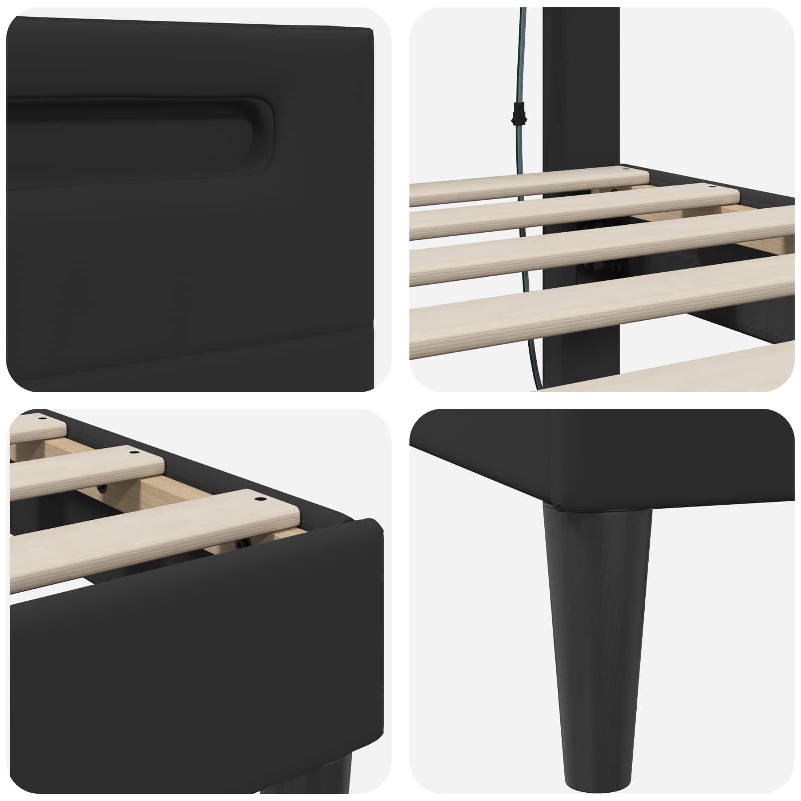 Marco de cama con tiras de luz LED, color negro, 90 x 190 cm, piel sintética, marco de cama moderno con fuente de alimentación USB para dormitorio, somier de láminas estable, patas de ahorro