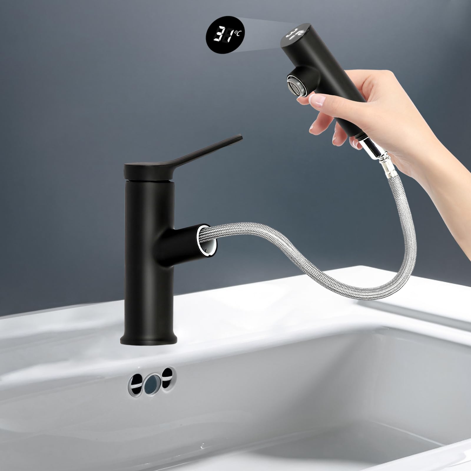 Grifo extensible con indicador de temperatura LED de latón, cartucho cerámico G1/2, monomando para agua fría y caliente, antigoteo para baño, lavabo, cocina, hotel, oficina (negro)