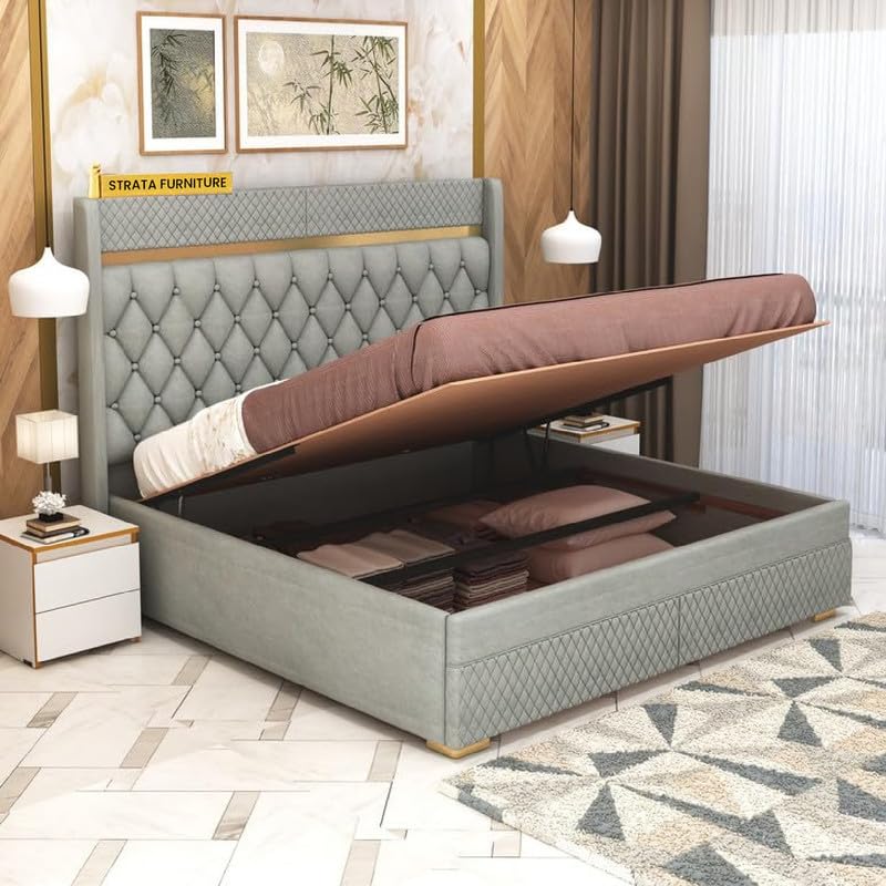 STRATA FURNITURE Solid Wood King Size Bed with Hydraulic Box Storage and Upholstery Tufted Headboard | Wooden Double Bed Cot Palang Furniture for Bedr