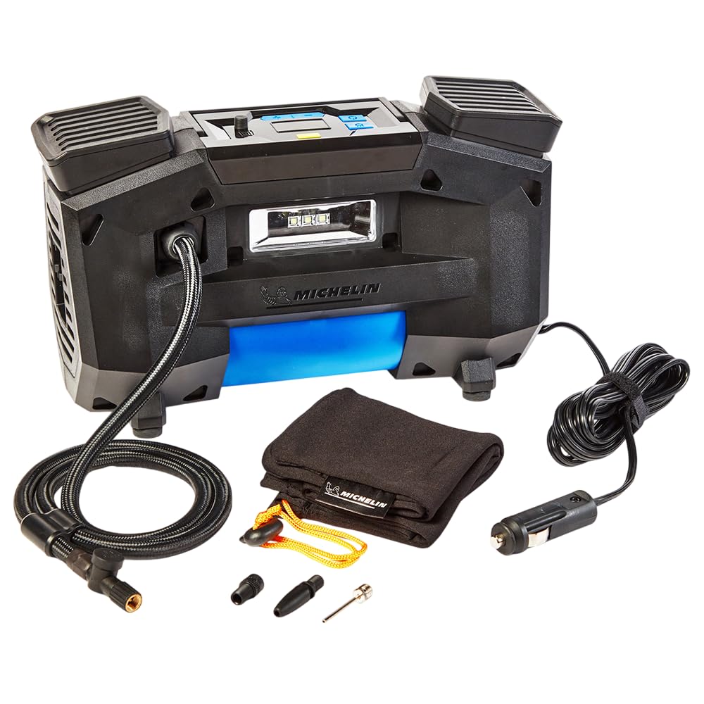Michelin 12314 Programmable Digital 4X4/SUV Digital Tyre Inflator, Direct Drive Technology, 0-35PSI in 1.30mins*, Bleed Valve to Remove Excess Air, LED Light, Adaptors, with Carry Pouch, Black