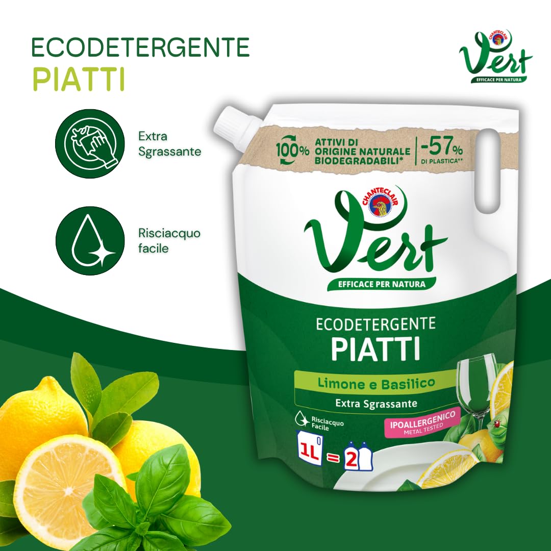 Vert - Ecodetergente Piatti - Fragranza Limone e Basilico, 100% Origine Naturale, Funzione Extra Sgrassante e Risciacquo Facile, Ipoallergenico, Adatto anche a Pelli Sensibili - Flacone da 1000ml