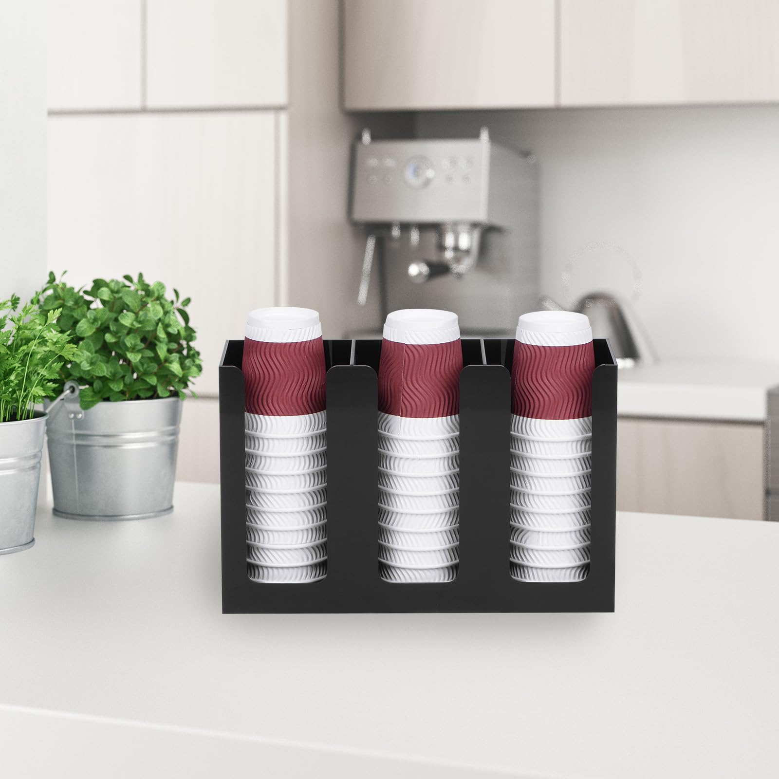 sourcing map Wand Montage Disposable Kaffee Becher Spender mit Handgriffe Heiß/Kalt Trinkbecher und Deckel Halter Arbeitsplatte Acryl Becher Deckel Lagerung Veranstalter(3 Fächer Schwarz)