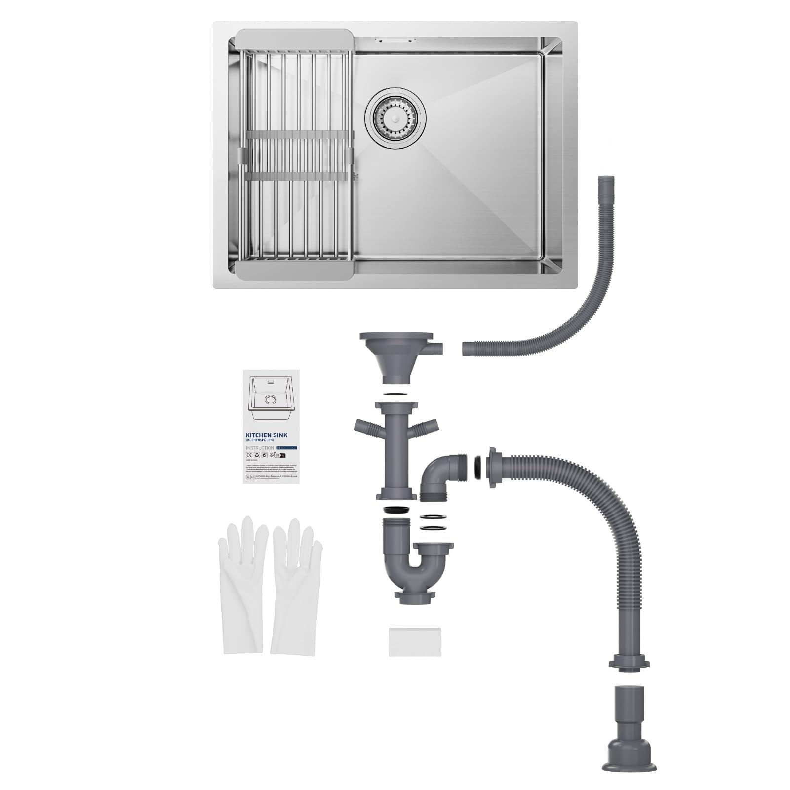 CECIPA Fregadero Cocina 1 Seno 60 x 44cm, Fregadero Bajo Encimera o Sobre Encimera, Fregadero de Acero Inoxidable 304 con Cesta de Filtro Extensible, Sifón y Kit de Drenaje