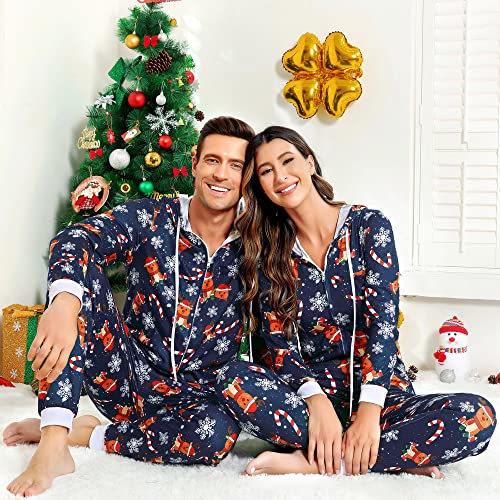 frawirshau Christmas Onesie Pajamas For Family Matching Onesies For Couples Christmas Pajamas Adult Men Reindeer Onesie Blue 3XL2