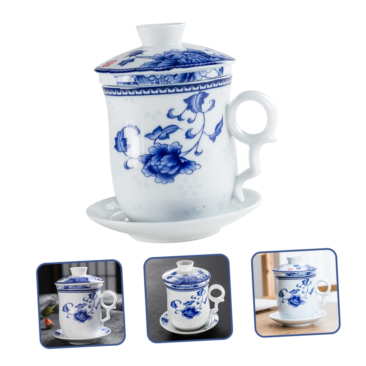 Alipis Taza de Té China Tradicional de Cerámica, Juego de 1 Pieza | Tapa y Platillo, para Hogar y Restaurante, Estilo Chino Clásico, Apta para Leche o Café