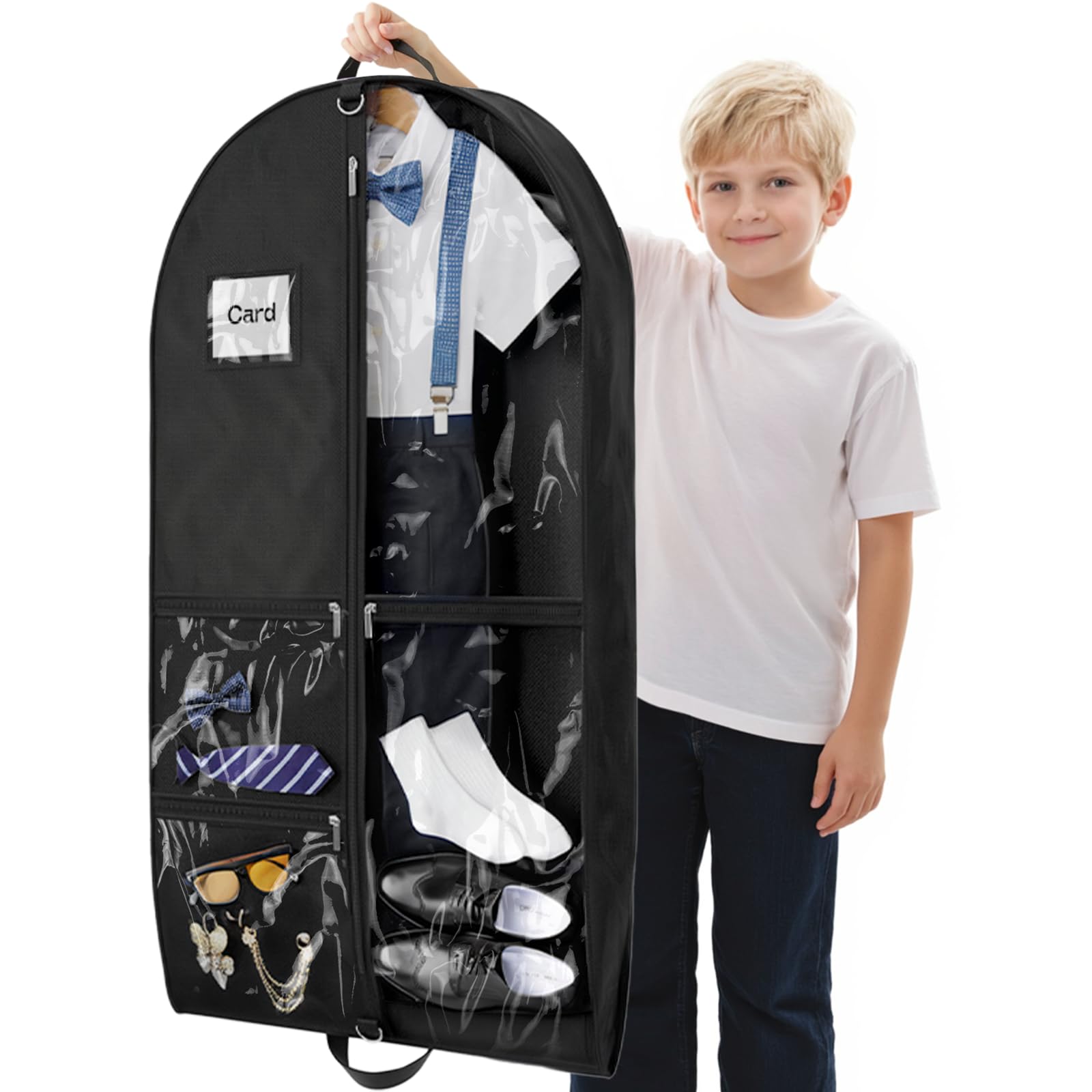 Costume Garment Bags for Dancers, Garment Bags with 3 Clear Zipper Pockets, Clothes Covers Protector Bags for Suits, Travel & Sports Jersey, Cheer Uniform, Cosplay (Black, 1 Pack (40inches))