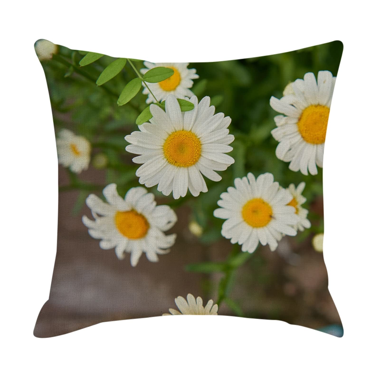 4 federe per cuscino da giardino, 50 x 50 cm, in lino, colore: bianco, giallo, verde, margherita, federa in lino, per soggiorno, divano, camera da letto