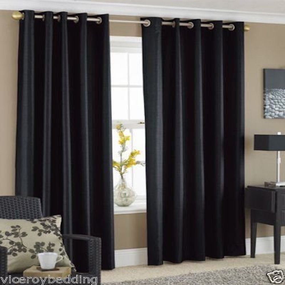 Viceroy Bedding Black Pair Of 66" Width X 54" Drop, Luxury Faux Silk Eyelet Curtains Including Pair Of Matching Tie Backs