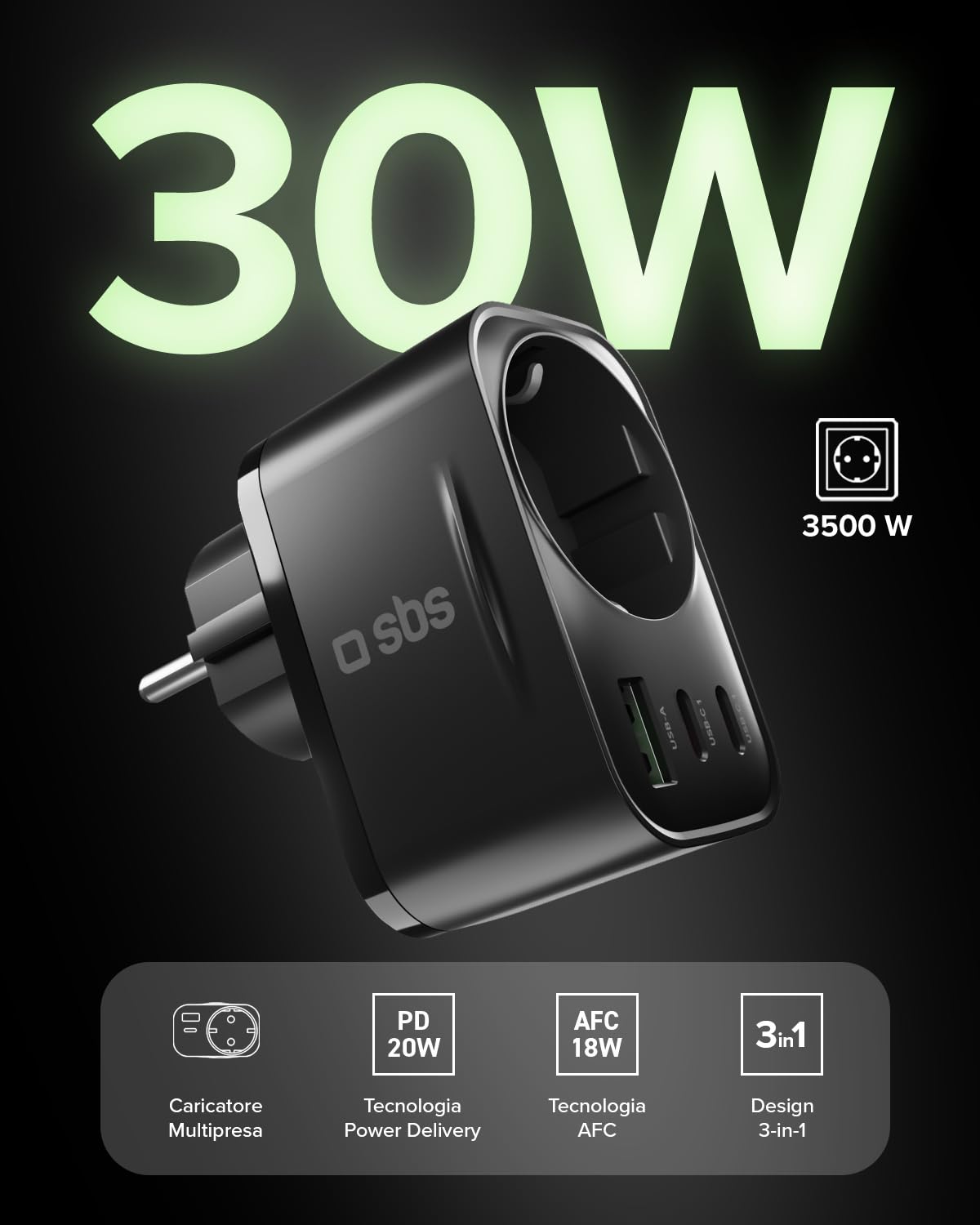 SBS Alimentatore Multi-Socket USB-C USB-A, Presa Schuko Passante MAX 3500W | Power Delivery (PD 3.0 PPS) 30W, Ricarica Rapida, Caricabatterie per iPhone, Android, Tablet e MacBook Neo, Nero