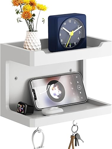 NiHome Organizador grande de mesita de noche de madera para montar en la pared, estantes de almacenamiento dobles y ganchos magnéticos, estante de