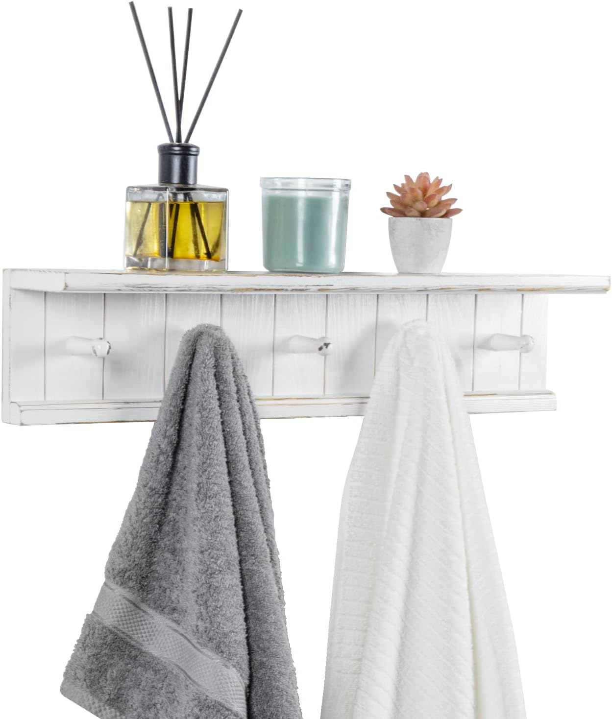 MyGift Wall Mounted 5-Hook Vintage White Wood Floating Bathroom Shelf & Towel Rack