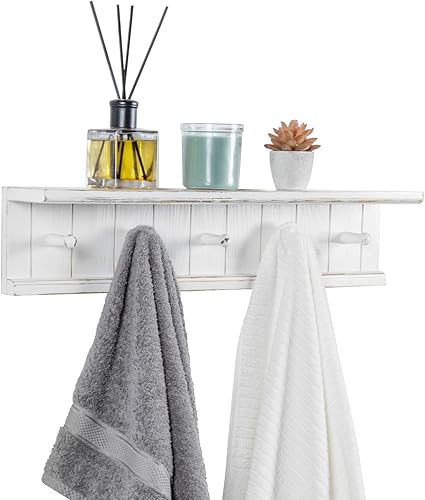MyGift Estante de baño flotante de madera blanca vintage de 5 ganchos montado en la pared y toallero