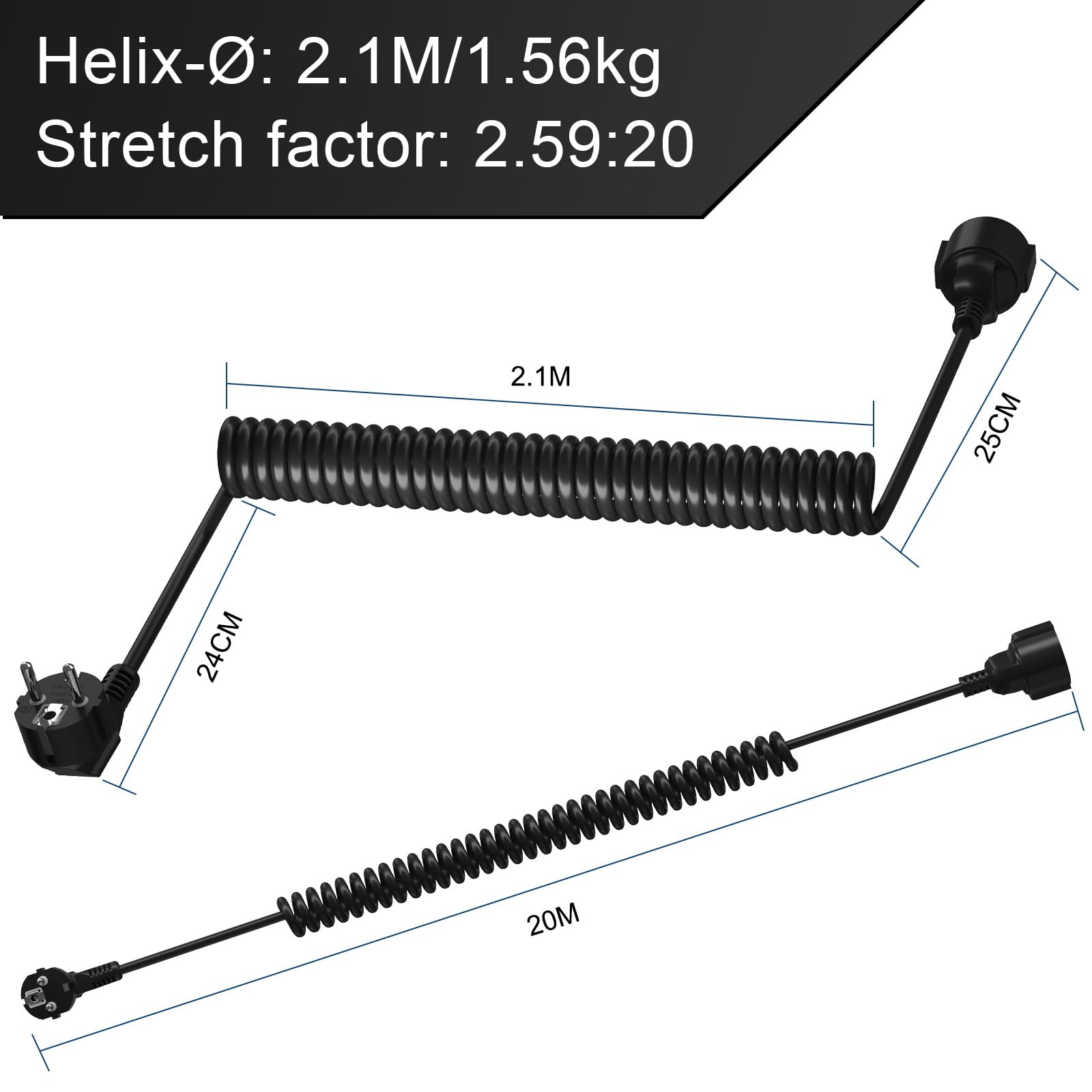 Cable alargador en espiral con protección de contacto, 20 m, 3 x 1,0 mm², máx. 3250 W/16 A/250 V, color negro
