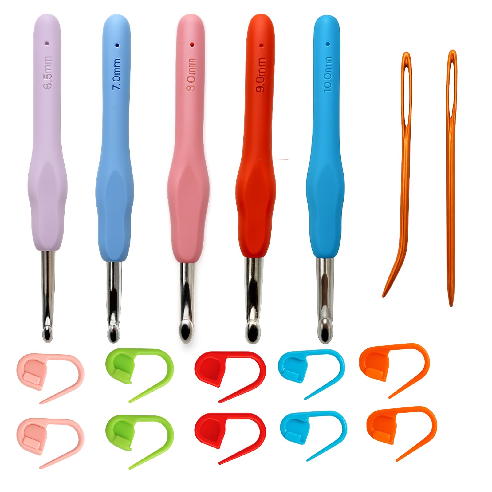 Crochet Hooks Large Sizes, with Soft Ergonomic Handles, Large Crochet Hooks 6.5mm 7.0mm 8.0mm 9.0mm 10.0mm with Yarn Needles and Stitch Markers, Multi-Coloured Crochet Hook Kit for Beginners