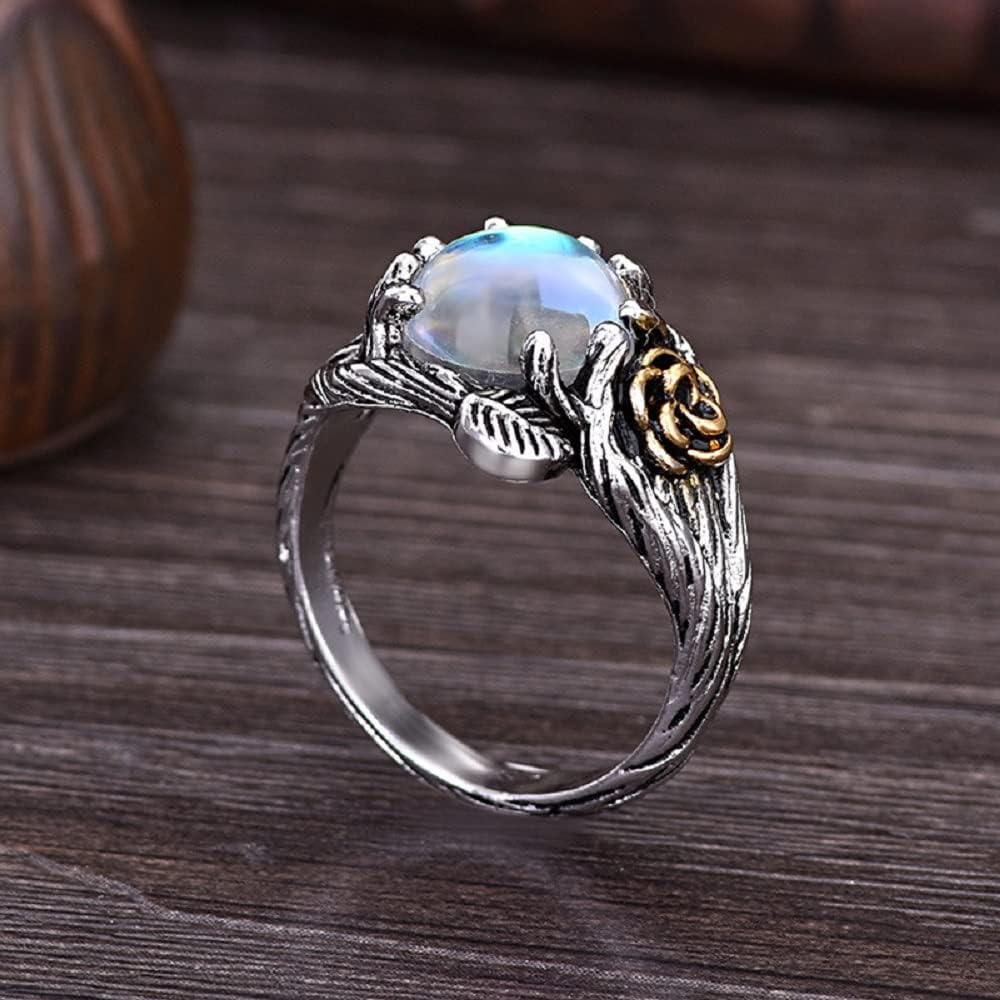 Unique Vintage Flowering Twig Rainbow Moonstone Engagement Ring for Women,Victorian Style Solitaire Ring Thai Silver Jewelry (US Size 8) - Image 2