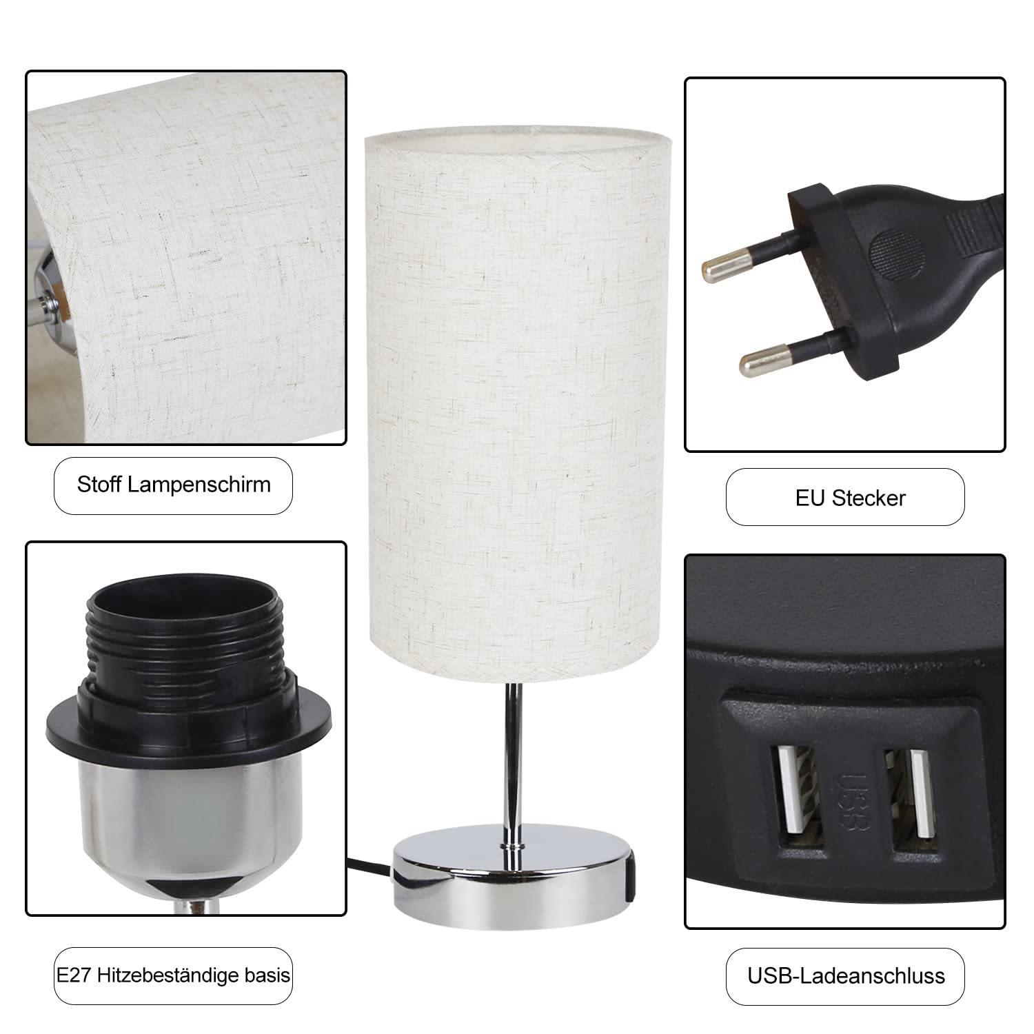 GBLY Nachttischlampe Touch Dimmbar 2er Set Modern Tischlampe mit USB | Anschlüsse, Schlafzimmer Nachttisch Lampe mit Ladefunktion, Chrom Bettlampe mit Stoffschirm, Tischleuchte E27 für Hotel Bett