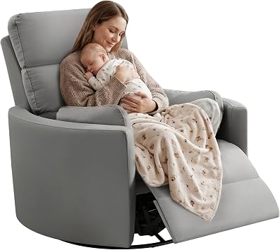 SUNWAVE 40" Oversized Power Nursery Rocking Recliner Barrel Chair | Electric Headrest & Anti-Pinch, Swivel Nursing Chair Lay-Flat Faux Leather Rocking Chair Nursery with USB/Type-C