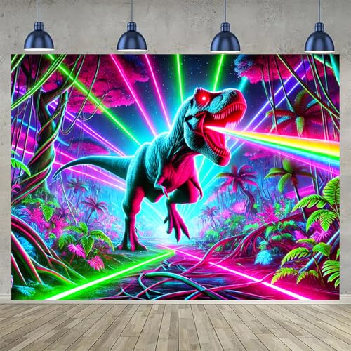 Image of BlissYard Blacklight Tapestry 78x59 Inch Laser Dinosaur Tapestry Trippy Jungle Neon Wall Art UV Reactive Glow in the Dark T Rex Poster for Bedroom Dorm Party Wall Hanging Decor