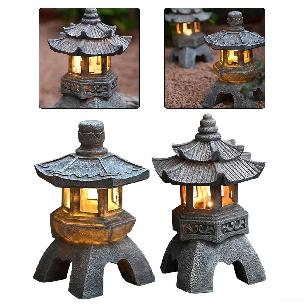 Farol solar de resina de pagoda, estatua de jardín, resistente a la intemperie, adorno de luz zen para exteriores con encendido/apagado automático, decoración de torre china para patio