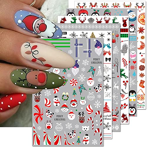 Christmas Nail Stickers, Xmas Snowflake Nail Decals 3D Self Adhesive Nail Art Stickers Cartoon Elk Santa Claus Snowman Winter Nail Design For Christmas Nail Decorations Supplies, 8 Sheets/Set #TOP30