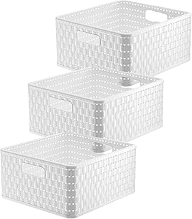 Rotho Country Set of 3 Storage Boxes Rattan Look, Plastic (PP) BPA-Free, White, 14 L, (32.8 x 30 x 16 cm)