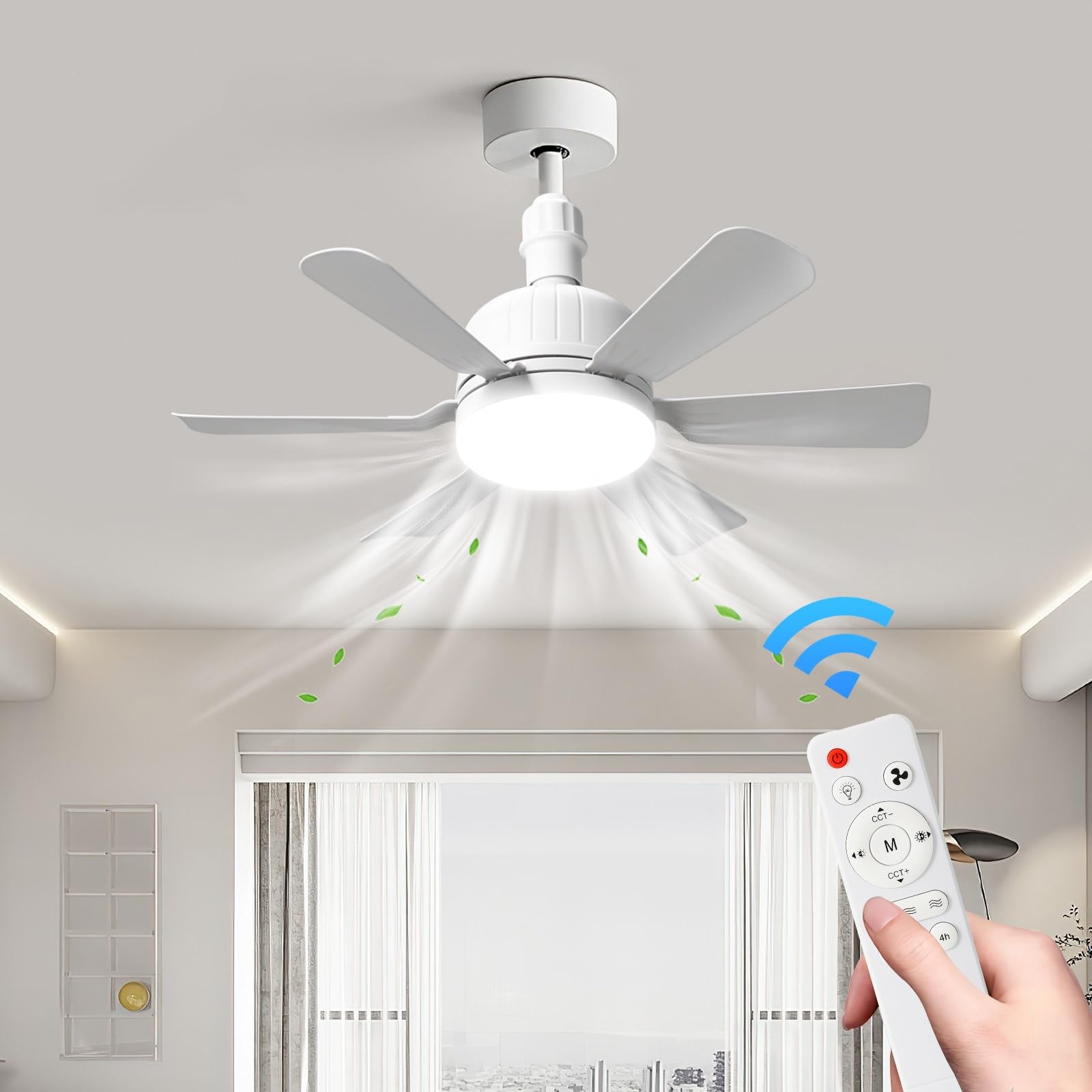 Ventiladores de techo con luces y mando a distancia, 24 W Bombilla Ventilador de techo, 3 velocidades, Lámpara E27 Ventilador de techo silencioso para sala de estar, dormitorio, dormitorio (6