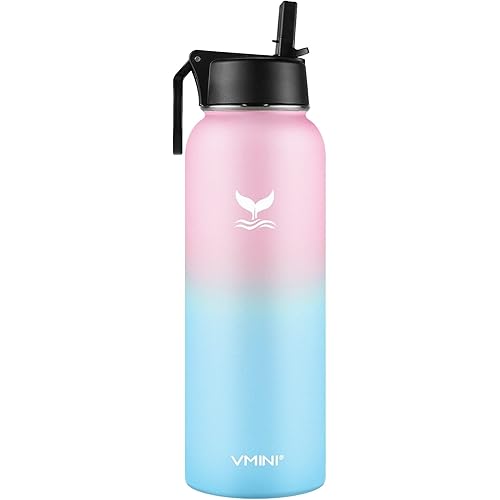 Vmini Water Bottle with New Wide Handle Straw Lid, Wide Mouth Vacuum Insulated 18/8 Stainless Steel, 40 oz, Gradient Pink + Blue