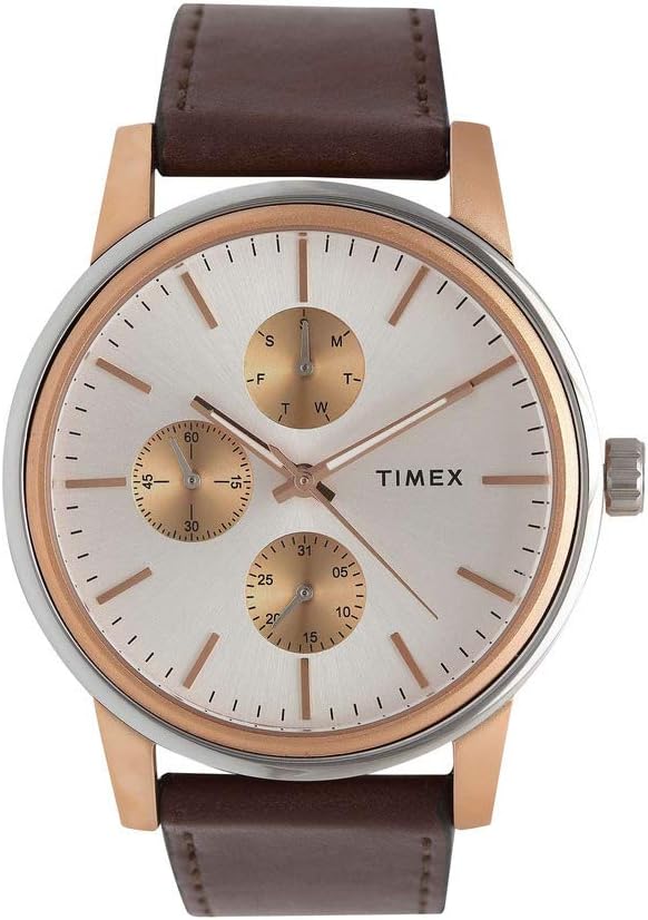 TIMEXAnalog Watch for Man with Silver Round Dial & Brown Leather Strap Band Water Resistant Men's Wrist Watches - TWEG18900