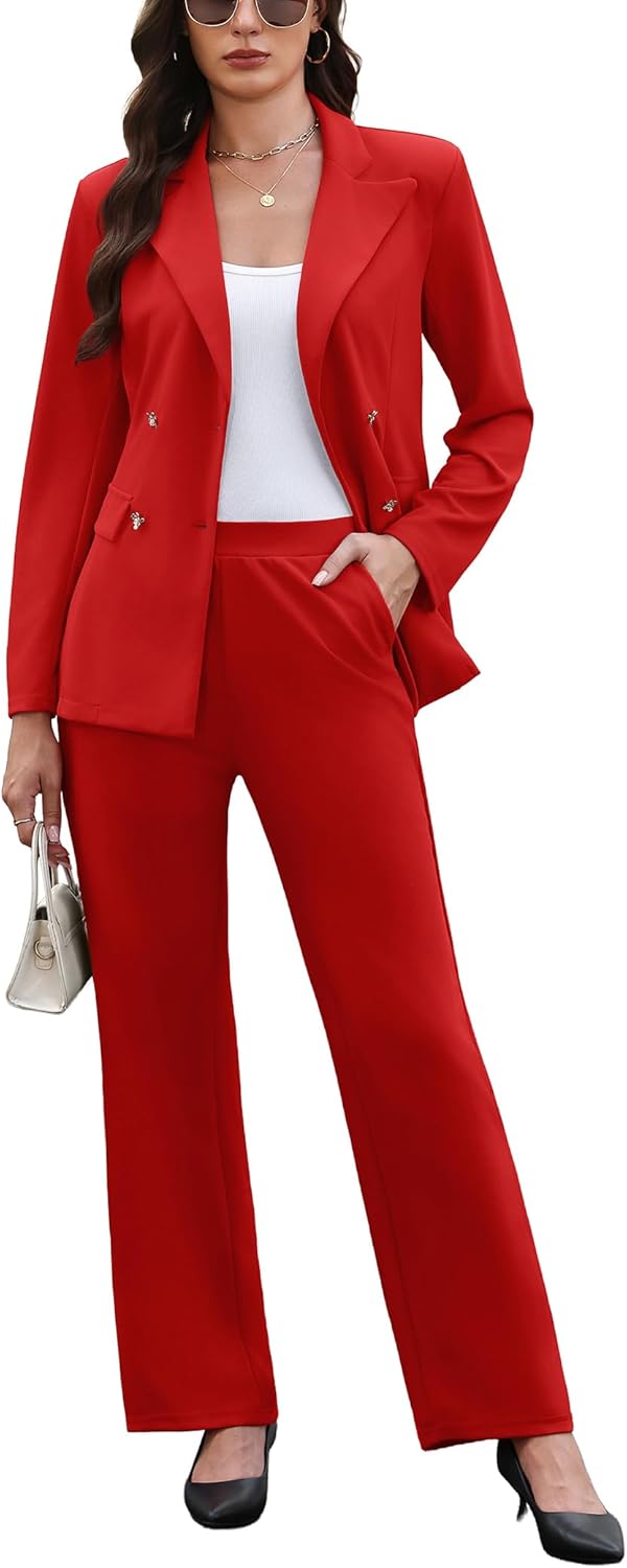 Pant Suits for Women Dressy Business Casual Outfits Long Sleeve Blazer Jacket Wide Leg Pant Sets Work Office Suits - Image 2