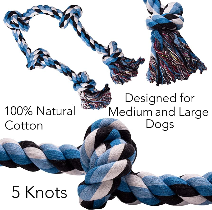 Image of 5 Knot Dog Chew Rope + Dog Chew Toys + Puppy Teething Toys + Rope Dog Toy + Dog Toys for Small to Medium Dog Toys + Dog Toy Pack + Tug Toy + Dog Toy Set + Washable Cotton Rope for Dogs