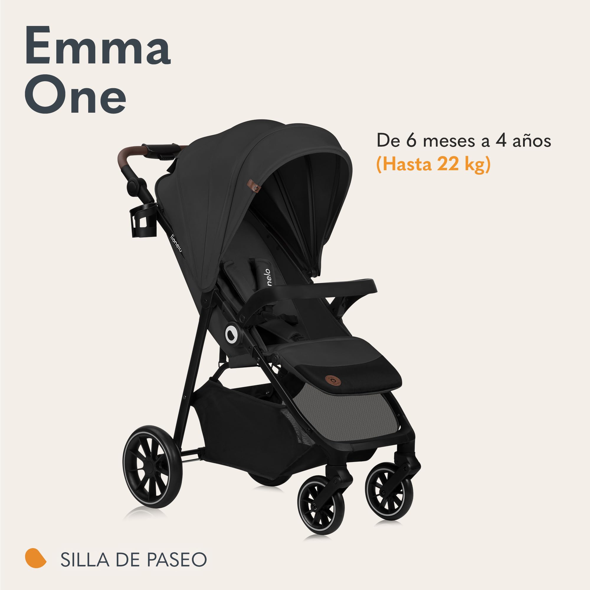 LIONELO EMMA ONE Carrito bebe hasta 22 kg de 6 m a 4 años Ruedas Giratorias 360° Suspensión Total Plegable con una Sola Mano Ajuste del Respaldo y Reposapiés Toldo XXL UPF50+ (Grey)